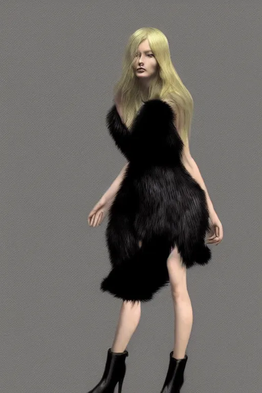 Prompt: full body aesthetic digital illustration of a beautiful young woman in a furry black mini dress, by wlop and Julia Razumova, realistic, Vogue, magazine photography, photorealistic, deviantArt, trending on artstation, artstation HQ