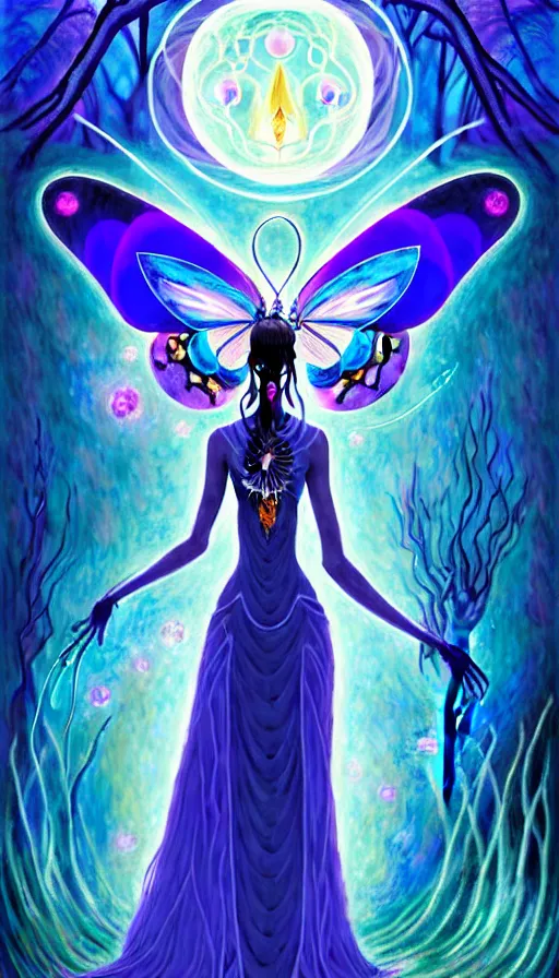 Prompt: a tall slender butterfly priestess made of shattered hopes and mystical dreams, grimdark fantasy painting of a cosmic butterfly on a shadowed forest background. a fursona of a butterfly goddess dancing on a frozen lake in the darkness void realm. a painting in neon inks by terese nielsen and ron spencer and charles monet and kinkade beeple dribbble manet