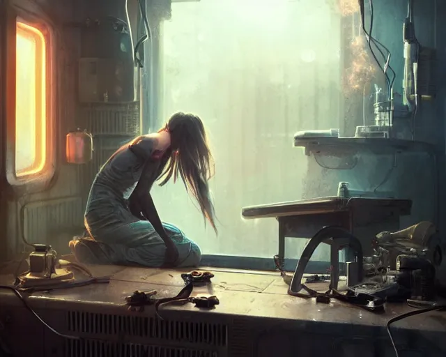 Image similar to awoke to the violent crunch of metal on wood, radiator, sweet smells of antifreeze and gasoline, by wlop, artgerm, greg rutkowski, volumetric lighting, movie poster, pixar