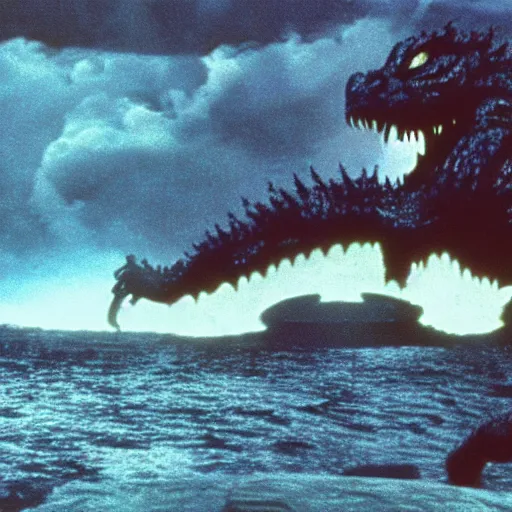 Image similar to wide scenic shot from the David Lynch production of Godzilla vs mechakraken, depicting several kaiju fighting. Cinematic, VHS copy, film grain, 35mm film.