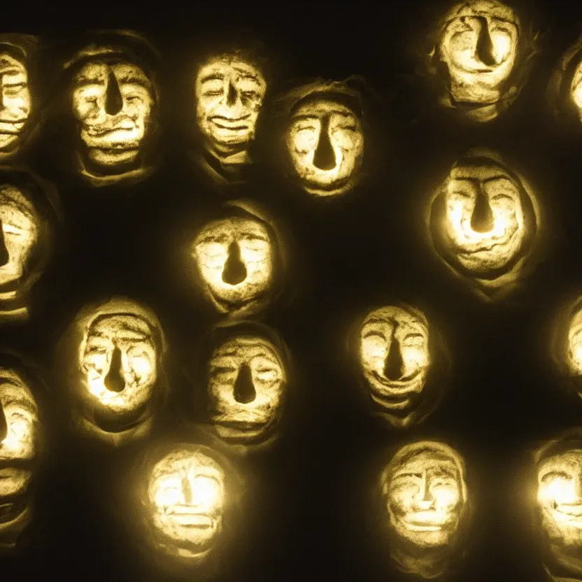 Image similar to 4 man illuminated faces with the eyes closed, in a dark room