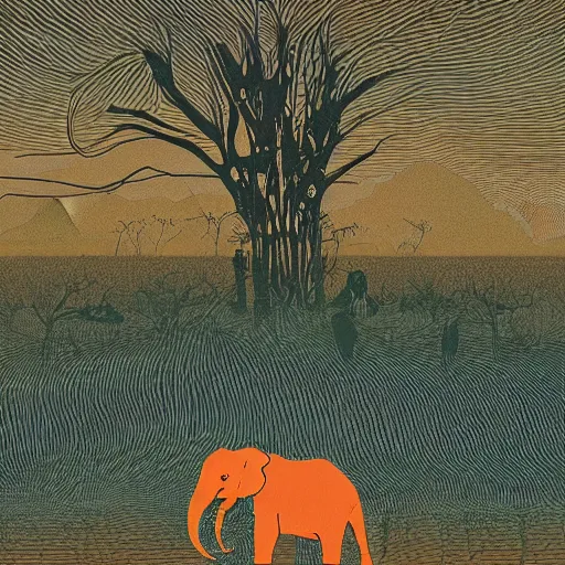 Prompt: “safari on a surreal martian like world, strange unknown tall elephant like creatures roaming the barren plains, woodblock, black fine lines on warm brown, by victo ngai, by stanley donwoood”