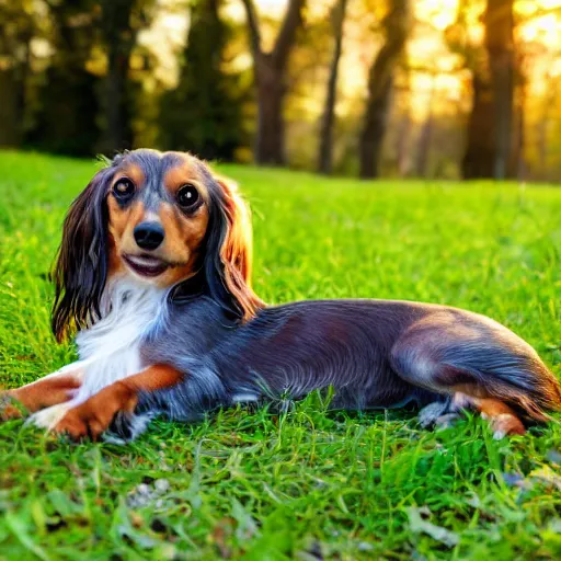 Prompt: long haired dachshund shi tzu mix laying on a bed of multi-color flowers and grass in a beautiful forest, golden hour, Renoir-n9