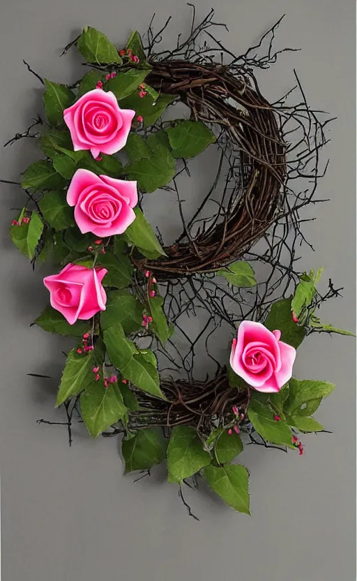 Prompt: gothic dark thorns wreath with pink roses painting realistic