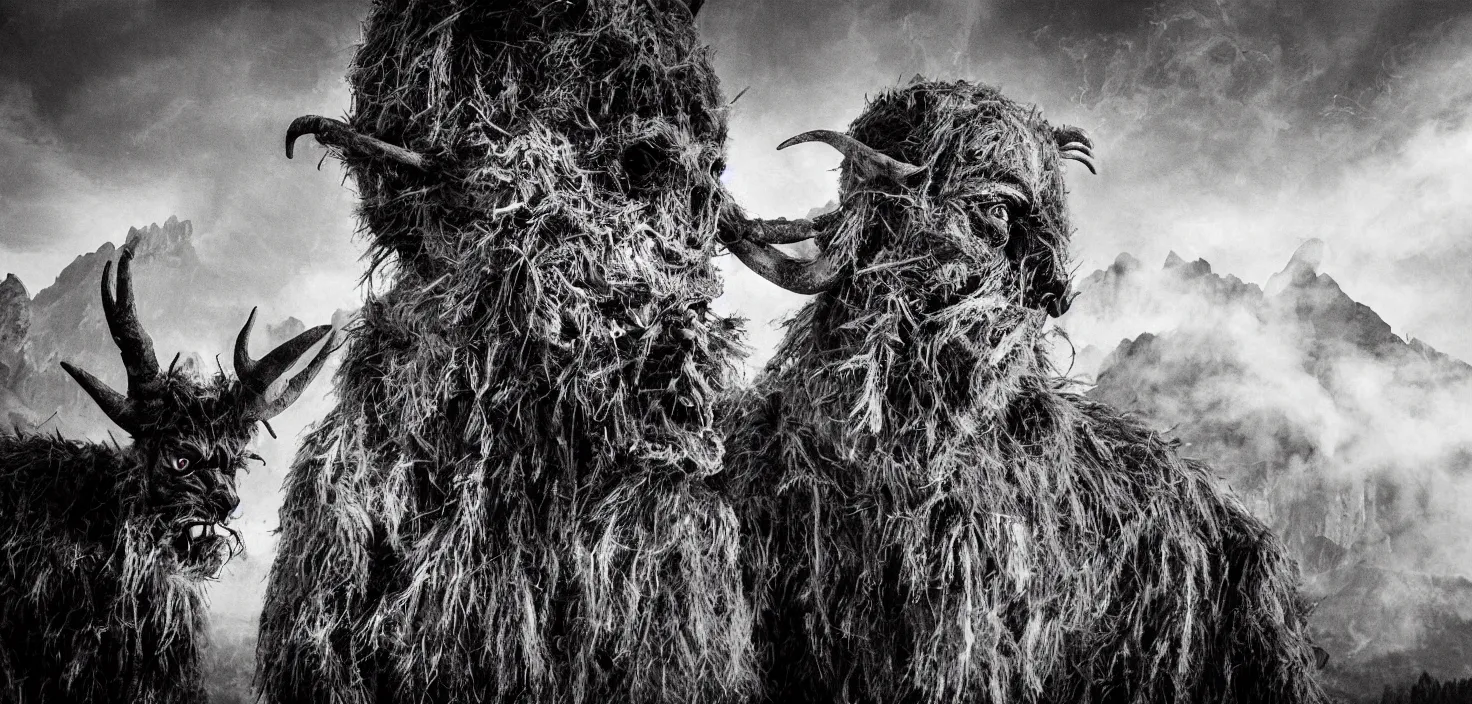 Prompt: mysterious scene of tyrolean farmer transforming into hay krampus monster with horns, dolomites in background, 3 5 mm double - exposure photo, german expressionism, noir, slightly colorful, photorealistic, detailed smoke, natural textures, depth of field, ambient occlusion, hd, volumetric, chromatic aberration by richard ave