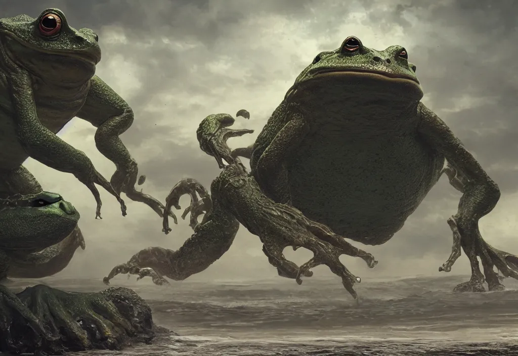 Image similar to giant frog monster on the beach, fantasy boss battle, eldritch horror, character art by Greg Rutkowski, 4k digital render