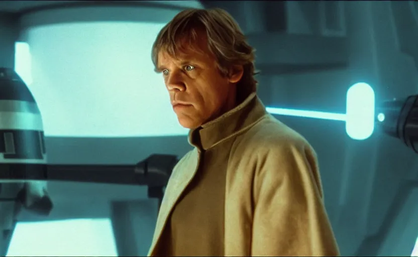 Prompt: cinematic still image screenshot portrait of cybernetic luke skywalker stares down at his cybernetic hand, while he is talking to a lonely sith droid, from the tv show on disney + anamorphic lens, photo 3 5 mm film kodak from empire strikes back crisp 4 k imax, moody iconic scene, a window frame into space behind them