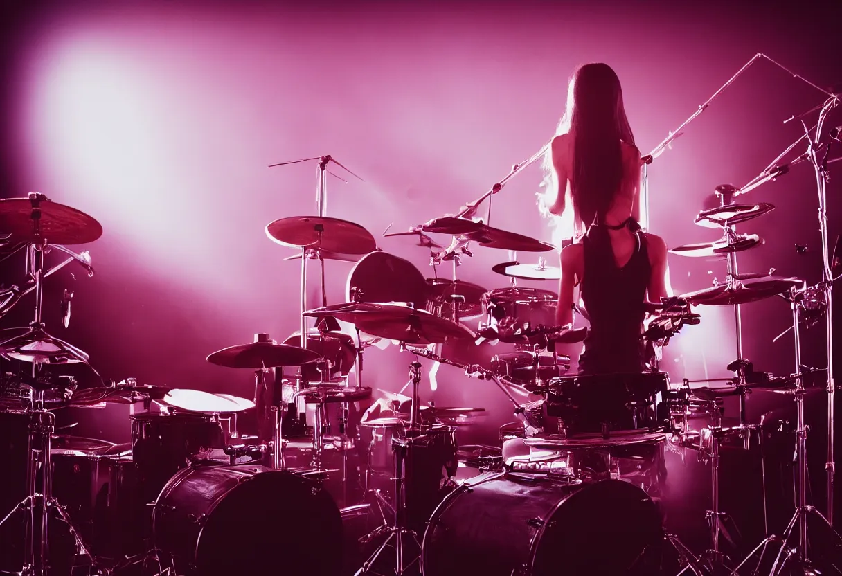 Prompt: Beautiful, slender female, with long straight black hair is playing the drumset, glimpses at the camera, dark room, stage lights, red tapestry on walls, concert footage, 4k photography, well lit face