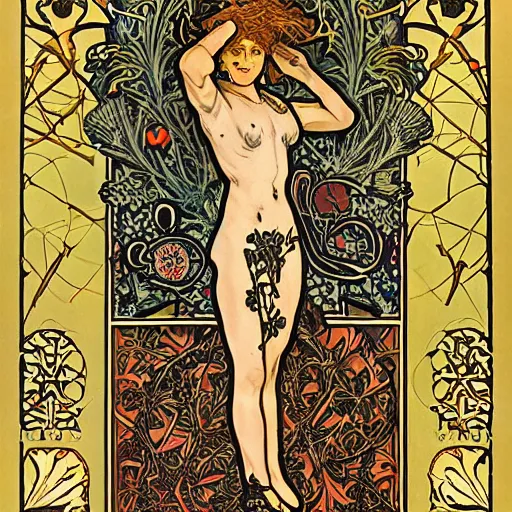 Image similar to tarot card the foolfull body portrait by william morris and alphonse mucha and stephen bliss, trending pixiv fanbox, gold inlay, skulls and roses, shiny, glow, raytracing dynamic light sources