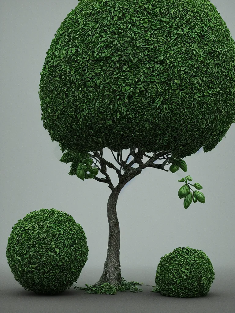 Image similar to highly detailed 3 d render of a mythical tree with sparse leaves of tomatoes and mozzarella! balls and basil leaves, hyper realistic octane render, cinematic lighting, deviantart, lowbrow, surrealism, pixar still