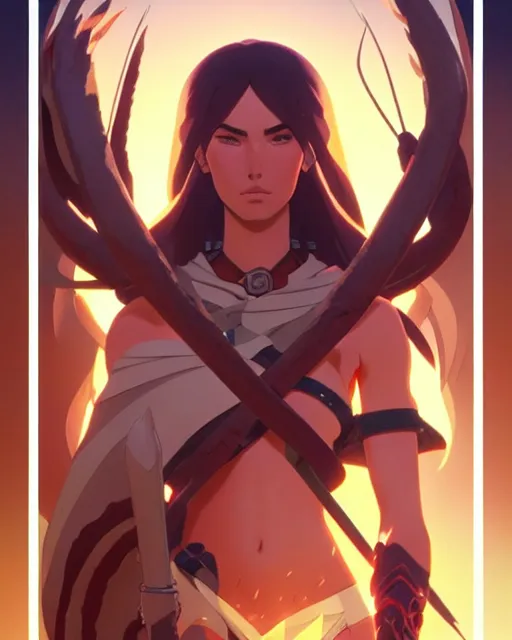 Image similar to azctec warrior, megan fox, gem, detailed perfect face, exquisite details, fire magic, mid view, design on a white background, by studio muti, greg rutkowski makoto shinkai takashi takeuchi studio ghibli