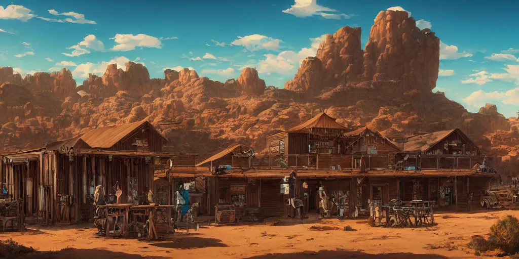 Image similar to a western saloon in the middle of the desert, blue sky and cirrus clouds in background, wide angle by ross tran and makoto shinkai and dan mumford, oasis, cactus, big red rocks, tumbleweeds, pulp sci - fi illustration, very detailed, 4 k horizontal wallpaper,