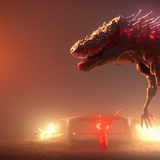 Prompt: A biopunk tyrannosaurus with glowing red eyes, bioluminescence, volumetric lighting, 8k, octane render, by Beeple and feng Zhu, trending on ArtStation