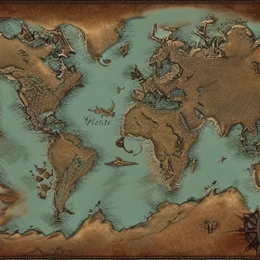 Prompt: fantasy map of another world, highly detailed, many continents, oceans.