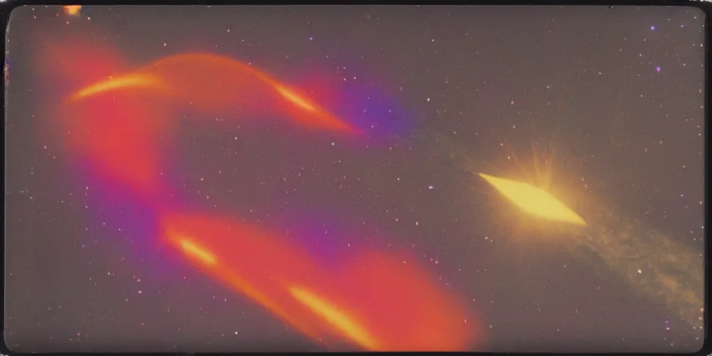 Image similar to polaroid photo of red rocket flying through space, multiple orange yellow purple galaxies visible, slight color bleed, lens flare