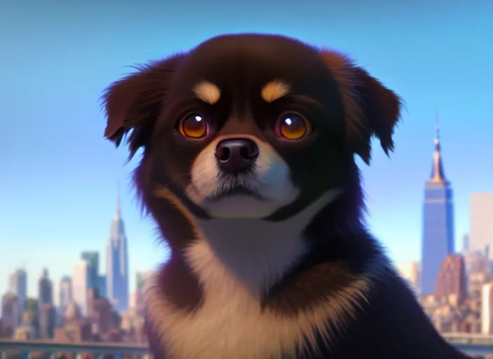 Prompt: a wholesome animation key shot of a black tibetan spaniel, new york in the background, studio ghibli, pixar and disney animation, sharp, rendered in unreal engine 5, anime key art by greg rutkowski, bloom, dramatic lighting
