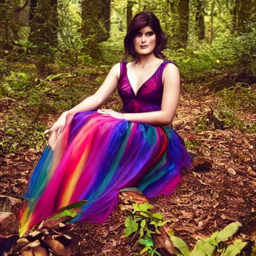 Image similar to photograph of gemma arterton, dressed as an elf in a long rainbow wedding gown, sitting in a colorful forest