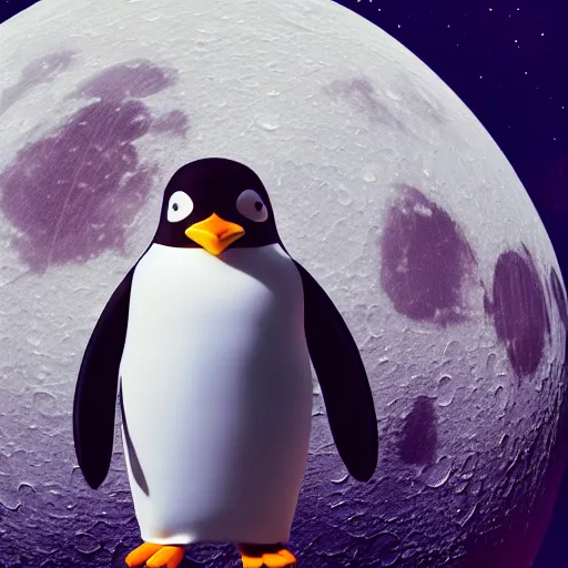 Image similar to a realistic highly detailed 3D render of a penguin dressed as an astronaut, floating in space, moon in the background, octane render, 4k, trending