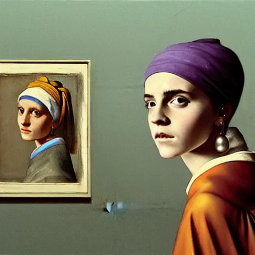 Image similar to emma watson with a Pearl Earring painted by Beksinski