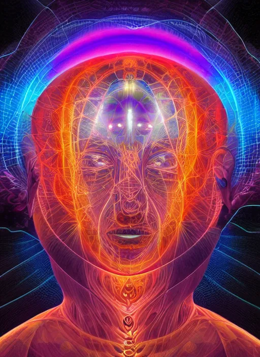 Image similar to ai transcendence into collaborative intelligence, connectedness, body, by alex grey, album cover, award winning, beautiful, colorful, volumetric lighting, trending on artstation