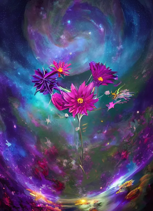 Image similar to An epic fantastic realism comic book style painting of the most beautiful spinning flowers floating into the dark and starry cosmos, exquisite bouquets, fisheye, a star implodes, unreal 5, DAZ, hyperrealistic, octane render, dynamic lighting