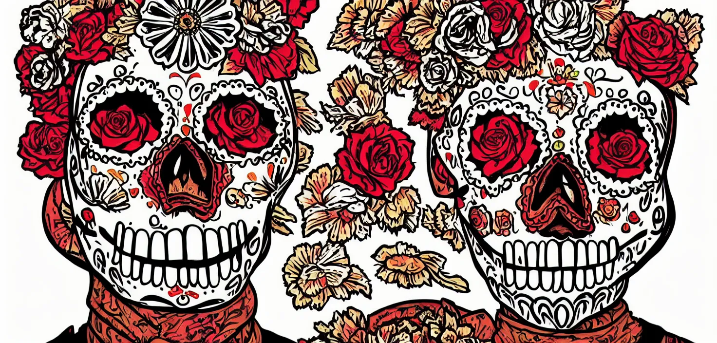 Prompt: mexican day of the dead face, sticker style art, white background, trending on artstation, greg rutkowski, john singer sargent, crop top, intricate
