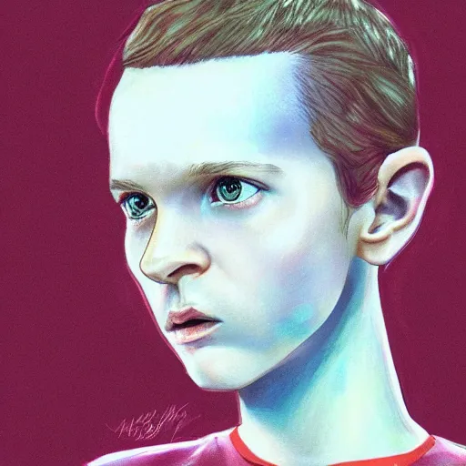 Prompt: beautiful portrait of Eleven from Stranger things by ((martine johanna)) , artstation winner,figurativism , portrait,