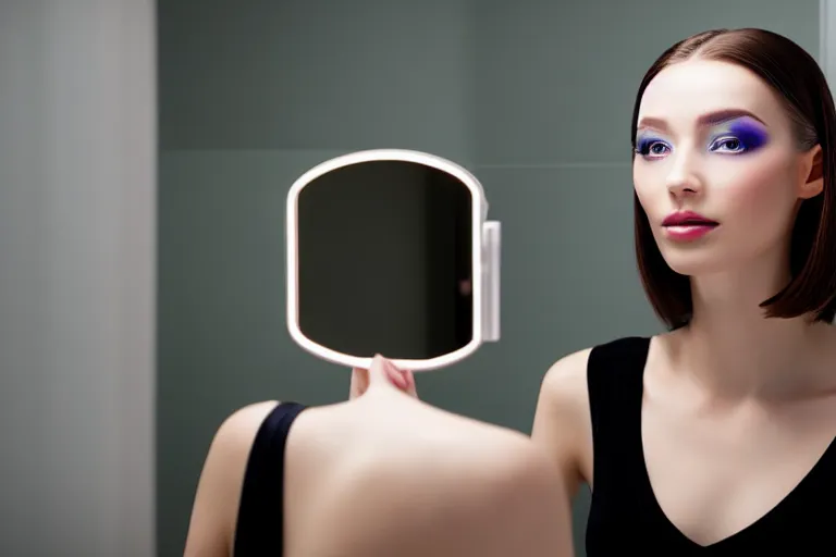 Image similar to beautiful female android, putting on makeup in front of a bathroom mirror