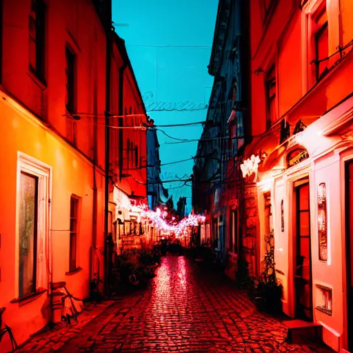 Image similar to Narrow polish street full of colorful vintage neons, crowd of partying people, late evening, 35mm f2.8, focus on the neons, full frame, film photography