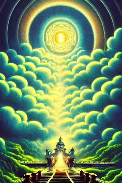 Prompt: a photorealistic detailed cinematic image of a departed soul crossing the ornate bridge, divinity, utopian, beautiful being, enlightenment, cumulus clouds, reincarnation, life cycle, ornate spiral stairs, isometric, by pinterest, david a. hardy, kinkade, lisa frank, wpa, public works mural, socialist