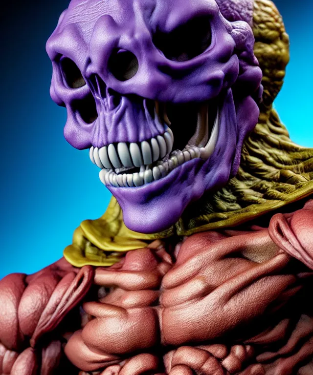 Image similar to hyperrealistic rendering, skeletor, by art of skinner and richard corben and jeff easley, product photography, action figure, sofubi, studio lighting, colored gels