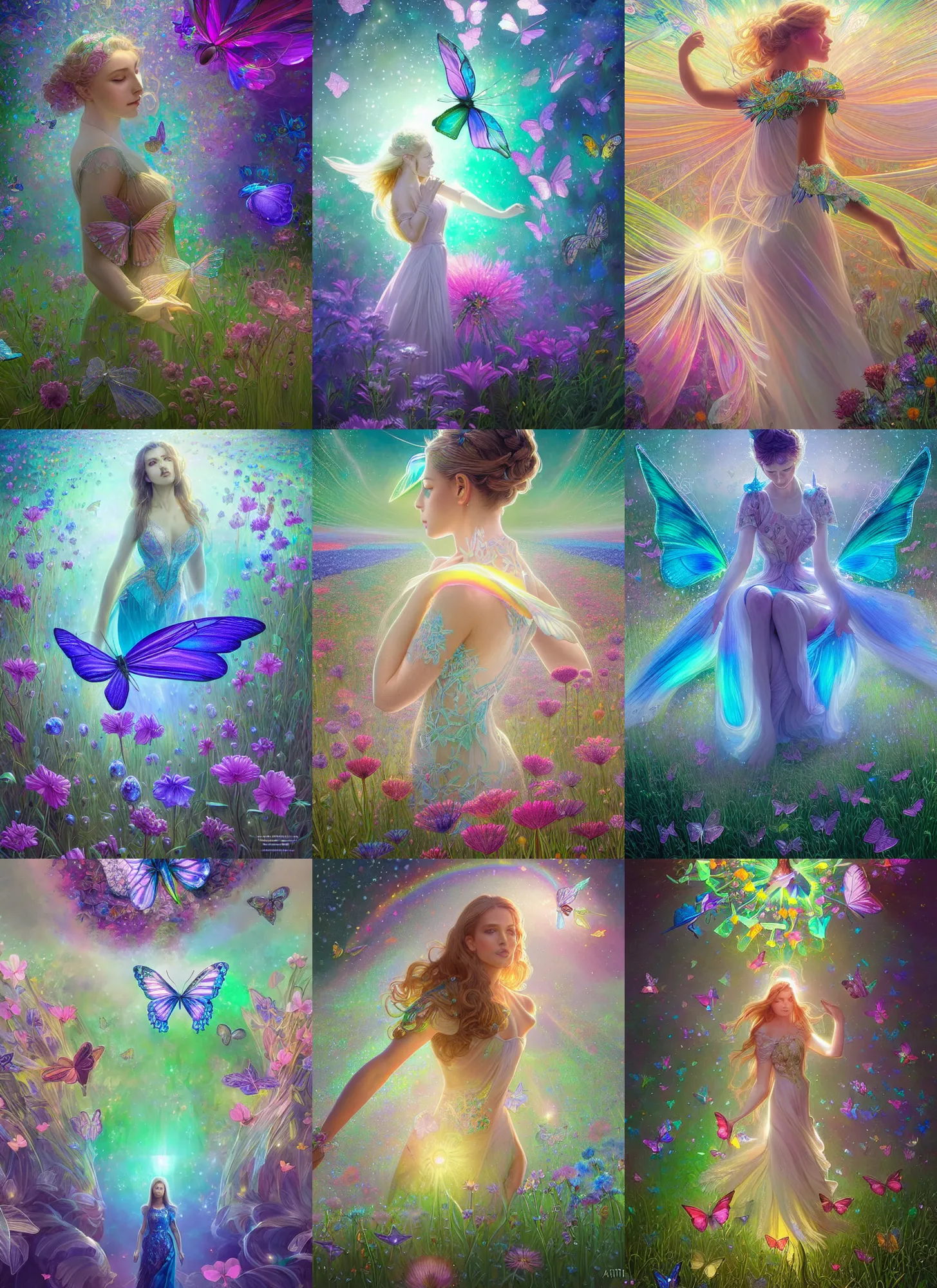 Prompt: field of rainbow flowers, iridescent diaphanous refractive and reflective crystal crystalline pearly, lacy butterflies and birds, fantasy, intricate, elegant, highly detailed, digital painting, artstation, concept art, matte, sharp focus, illustration, hearthstone, art by artgerm and greg rutkowski and alphonse mucha