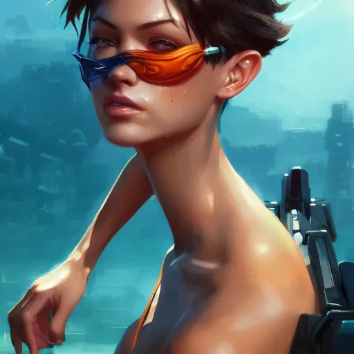 Prompt: portait of tracer in a bikini, hyperdetailed, intricate, very beautiful face, pretty face, by greg rutkowski, wlop, unreal engine 5, trending on artstation