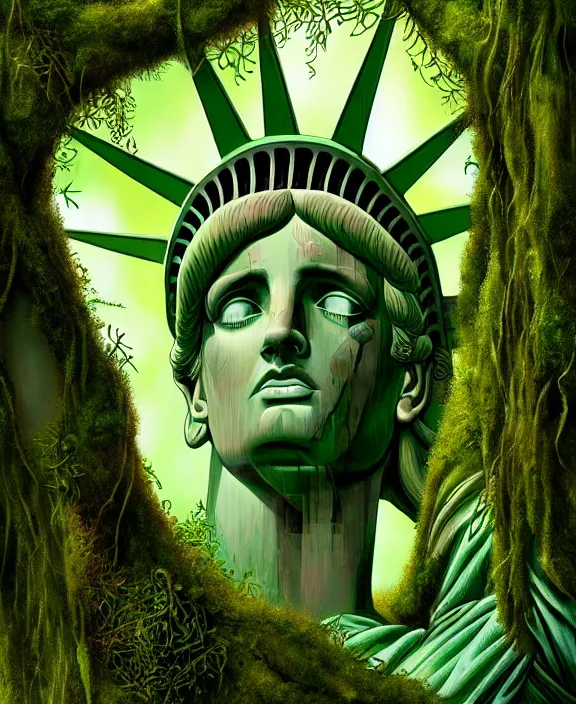 Prompt: statue of liberty overgrown and covered in moss and vines, perfect face, symmetrical eyes, green skin, cinematic, stunning, elegant, highly detailed, psychedelic, digital painting, artstation, smooth, hard focus, illustration, art by jessica rossier and and brian froud