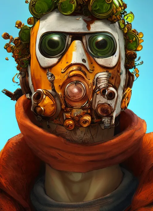 Image similar to lunarpunk portrait of curly orange hair man from borderlands 3, au naturel, hyper detailed, digital art, trending in artstation, cinematic lighting, studio quality, smooth render, unreal engine 5 rendered, octane rendered, art style by klimt and nixeu and ian sprigger and wlop and krenz cushart.