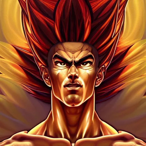 Image similar to symmetry!! intense portrait of sangoku ssj, intricate, elegant, highly detailed, my rendition, digital painting, artstation, concept art, smooth, sharp focus, illustration, art by artgerm and greg rutkowski and alphonse mucha