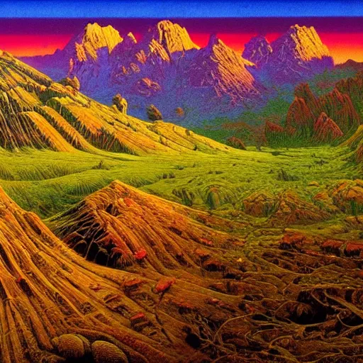 Prompt: american west mountains and forests, fluid, smooth, bright colours, high contrast, sharpness, beautiful, peaceful, very detailed, intricate, volumetric lighting, by giger and corben and moebius and beksinski and bosch and bacon