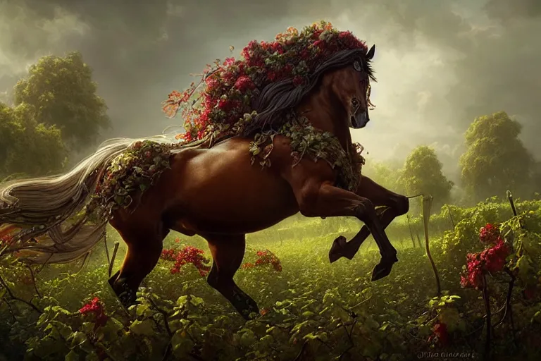 Image similar to a stunning horse with a mane of vines and flowers by greg rutkowski, high key lighting, volumetric light, digital art, highly detailed, fine detail, intricate, ornate, complex, octane render, unreal engine, photorealistic