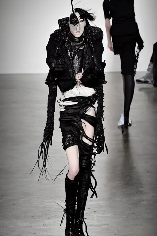 Image similar to beautiful androgynous high fashion avant garde look and clothes, we can see them from feet to head, highly detailed and intricate, hypermaximalist, luxury, elite, cinematic, designer fashion, rick owens, yohji yamamoto, y 3, acrnym, fashion photography