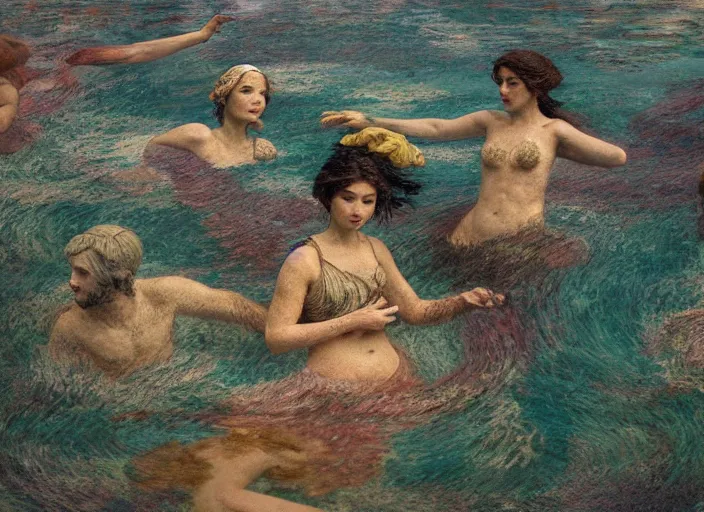 Image similar to people underwater figures, flowing cloth, in the style of matt murphy, enes dirig, jeremy enecio, intricate, miles johnston, monet, cynical realism, john william godward, painterly, yoshitaka amano, miles johnston, louise zhang, matt murphy, enes dirig, pekka halonen, finnish naturalism, realism