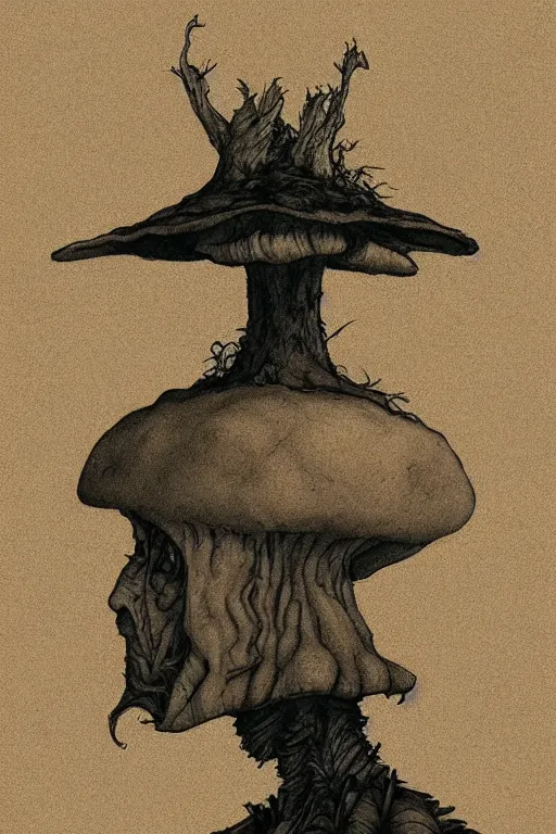 Image similar to portrait of griefing mushroomfolk head and shoulders, in the style of Greg Broadmore and Arthur Rackham and Moebius, trending on artstation, light lighting side view,digital art,surrealism ,macro,blueprint ,vaporwave ,