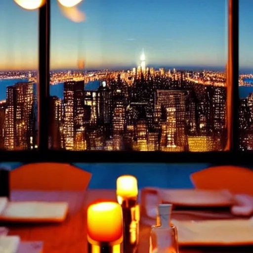 Image similar to artistic sparse simple luxurious glowing candle - lit dinner with wine bottle overlooking the blurred out new york city skyline