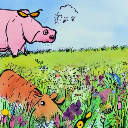 Prompt: cow in a field of flowers, quentin blake illustration