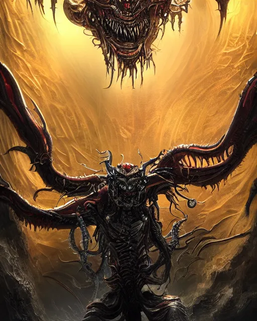 Prompt: a biomech demon with massive fangs surrounded by horrific tendrils fused with metal panels, evil color scheme, dark fantasy, cinematic lighting, smooth, by furio tedeschi, digital painting, artstation, concept art