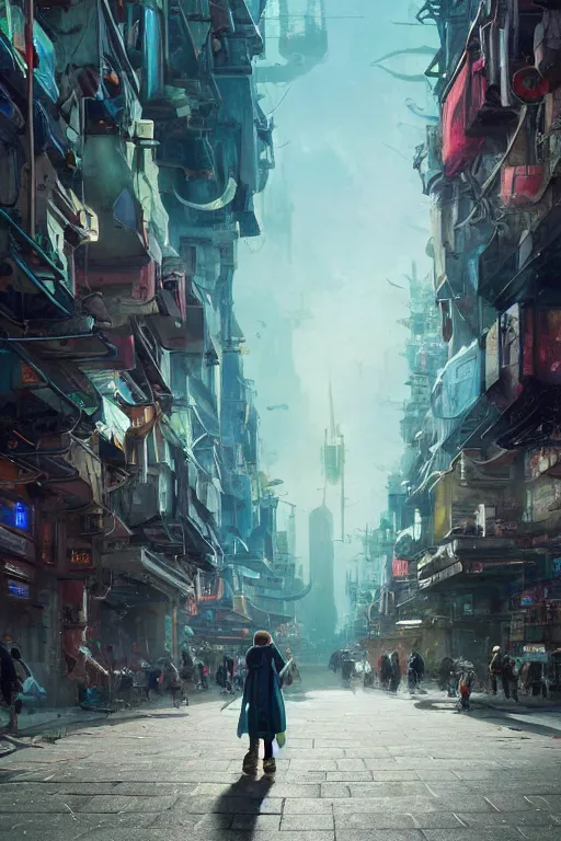 Prompt: a portrait of a small person wearing a cloke in the middle foreground walking in the street of a great green and blue sci-fi city by Greg Rutkowski, Sung Choi, Mitchell Mohrhauser, Maciej Kuciara, Johnson Ting, Maxim Verehin, Peter Konig, final fantasy , mythical, 8k photorealistic, cinematic lighting, HD, high details, atmospheric,