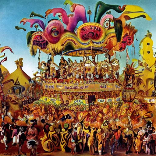 Prompt: feverish allucinations on a carnival parade by dali