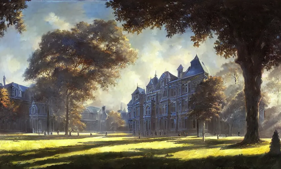 Prompt: a large victorian college building with other houses and trees, blue sky, highly detailed, sunny, volumetric, cinematic lighting, realistic, digital art by greg rutkowski