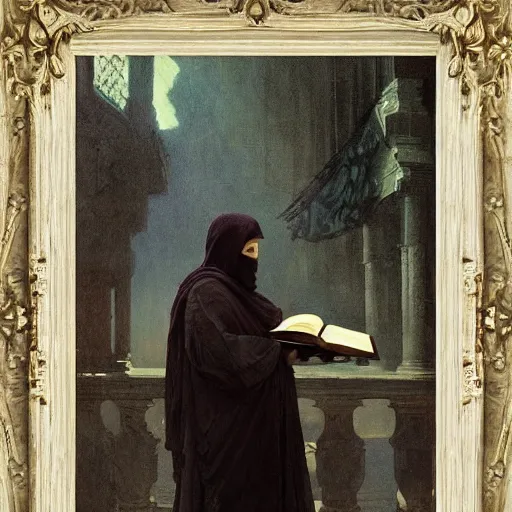 Prompt: half portait of magican wearing a closed cowl with big old book!, jeremy mann, jean leon gerome, alphonse mucha, greg rutkowski, hood covers his eyes, ( ( ruins of ancient rome ) ), at dusk, mysterious atmosphere, sunrays, dof, masterpiece, high detailed, 8 k