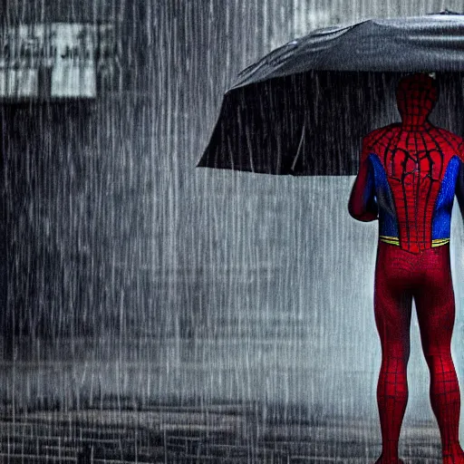 Image similar to Spiderman standing under rain , melancholy, dramatic, sad ambience