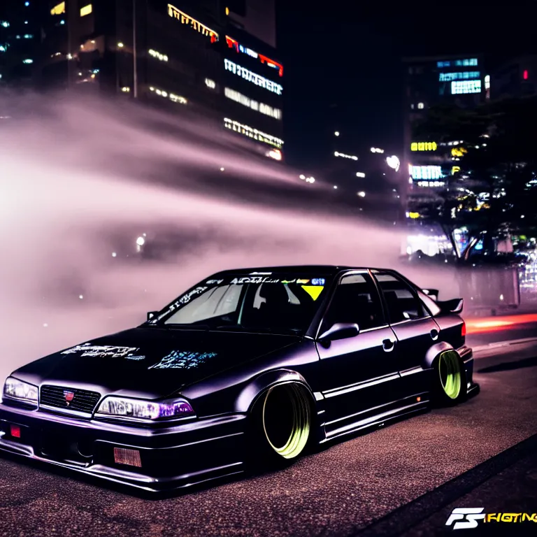 Prompt: a car JZX90 twin turbo drift at illegal car meet, Shibuya prefecture, city midnight mist lights, cinematic lighting, photorealistic, highly detailed wheels, high detail